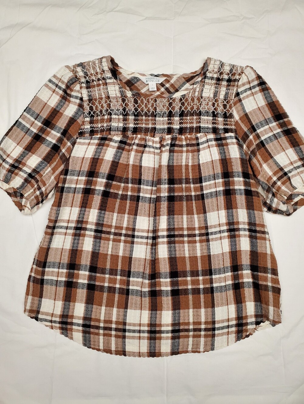 Market & Spruce Smocked Plaid Top Rust Brown Cream Puff Sleeve Stitch Fix L